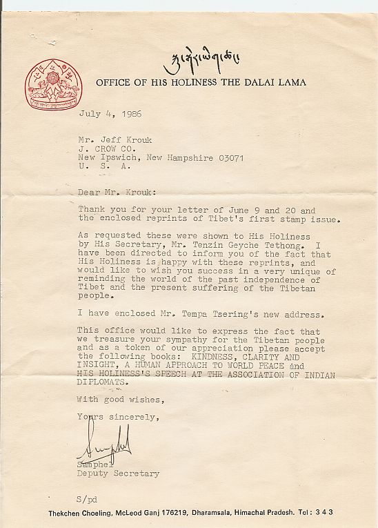 Letter from the Office of His Holiness The Dalia Lama regarding J.Crow's� Tibet Stamp Reprints